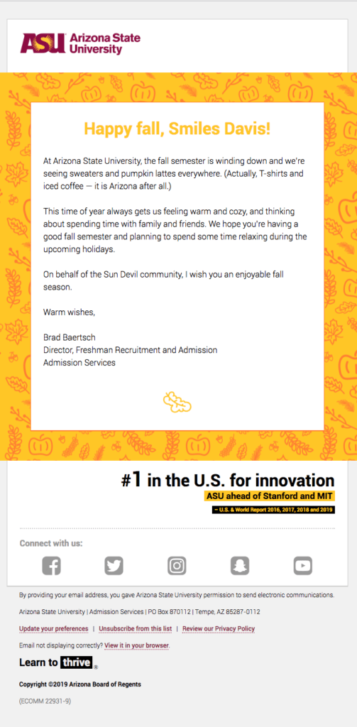 Holiday email example sent by a university as part of their email marketing strategy