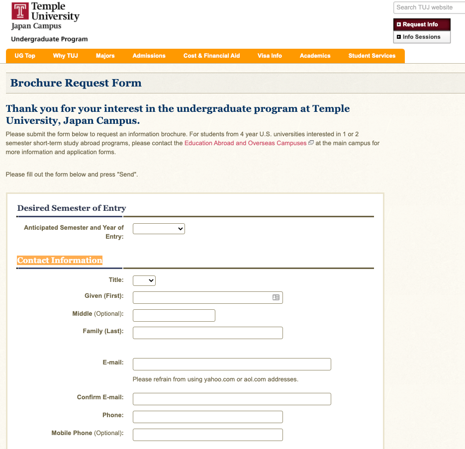 University lead generation form used as part of the email marketing strategy by educational institutions