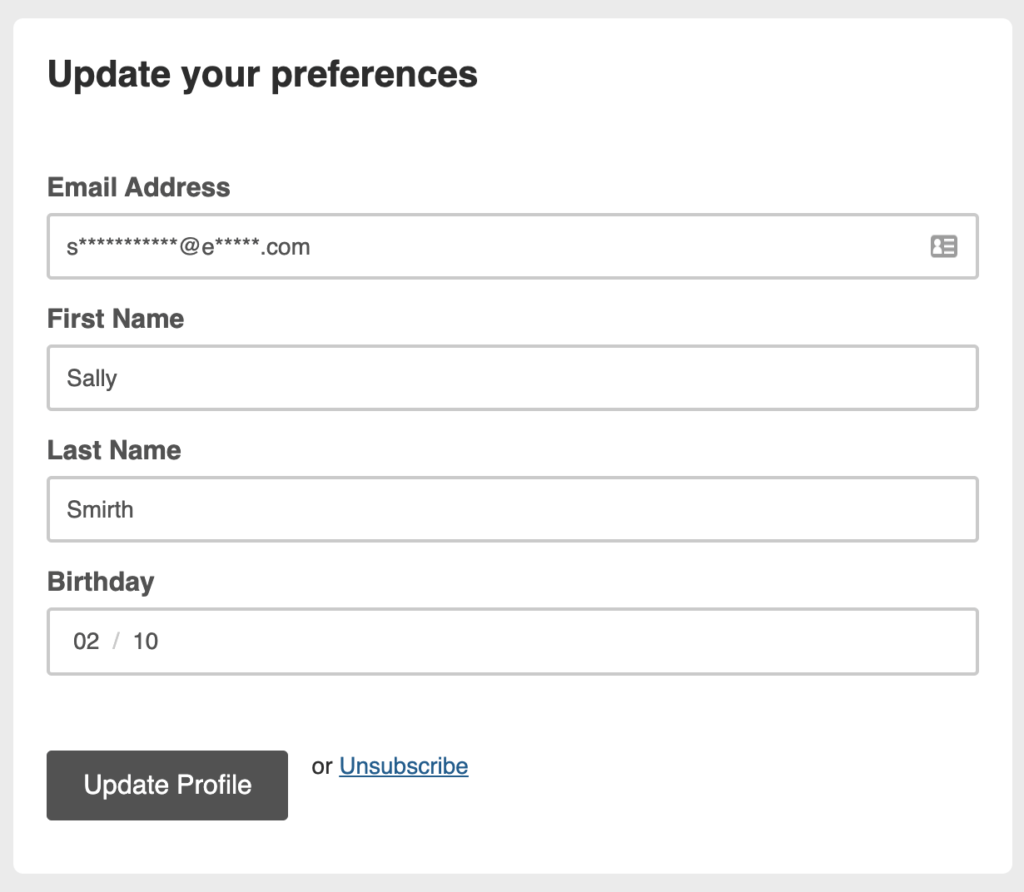 Preference updates page in Mailchinmp