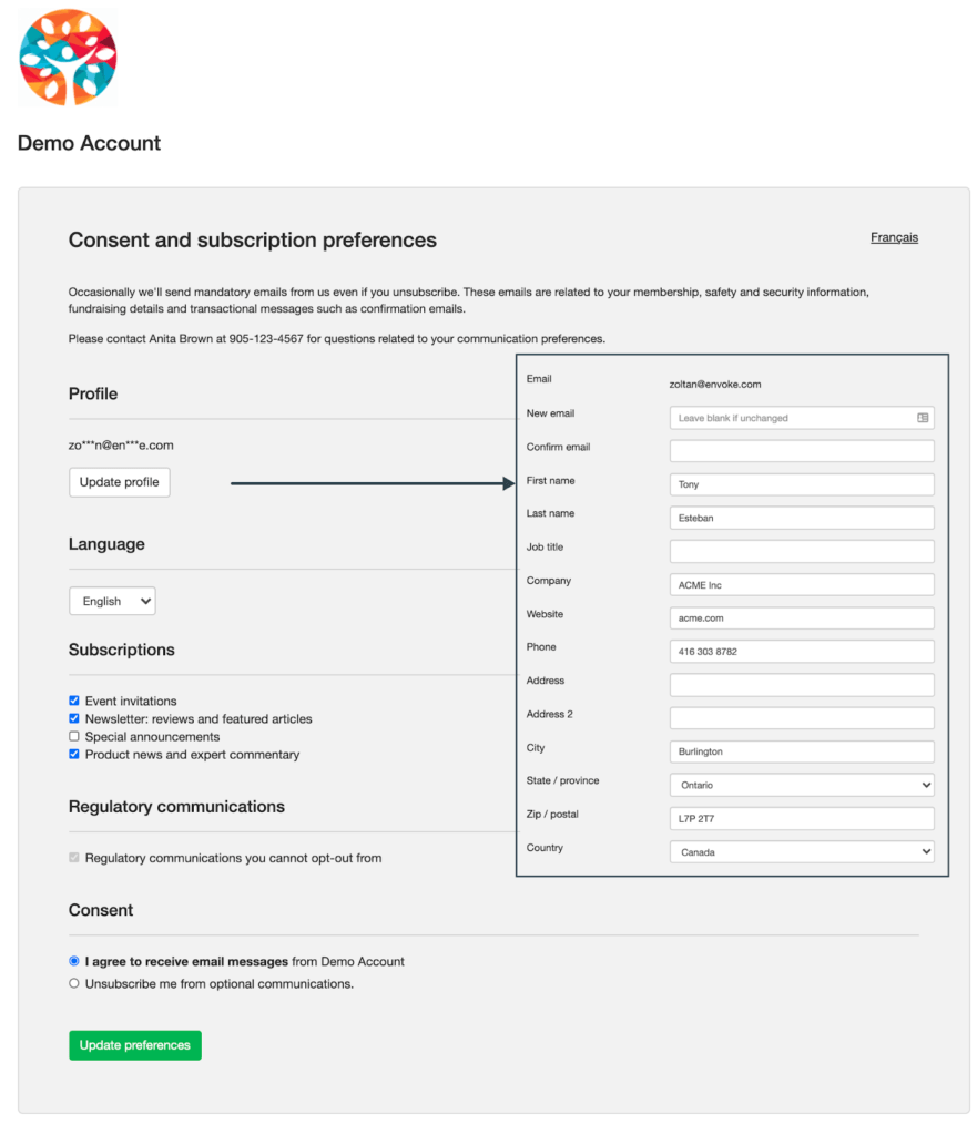 Email preference and subscription management page example